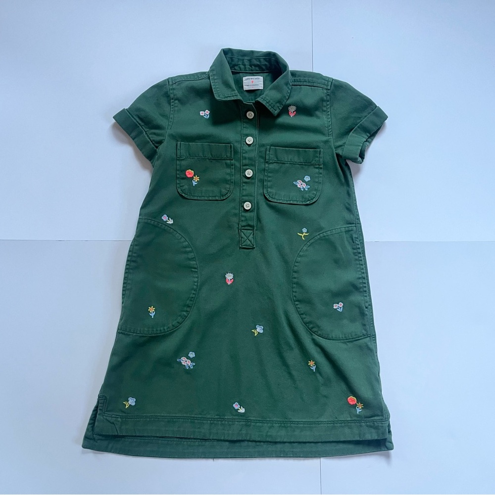 Crewcuts J.Crew Girls Embroidered Floral Shirt Dress Green Cotton Size 8 kids